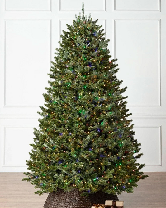 ÁRVORE DE NATAL 2,10 COM GALHOS ARTICULADOS, SUPORTE METÁLICO E MICRO LEDS COLORIDOS EMBUTIDOS